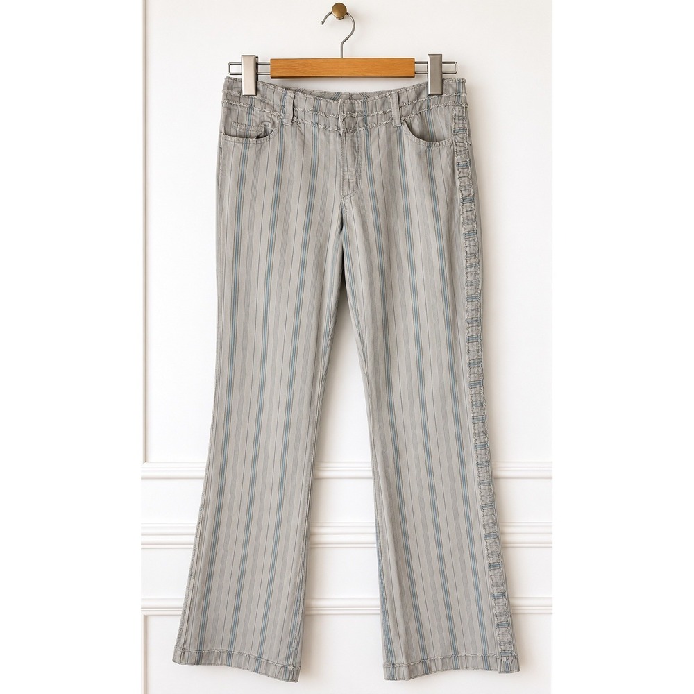 American‎ Eagle Striped Pants Women 10 Gray Blue Frayed Raw Edge Flare Retro
